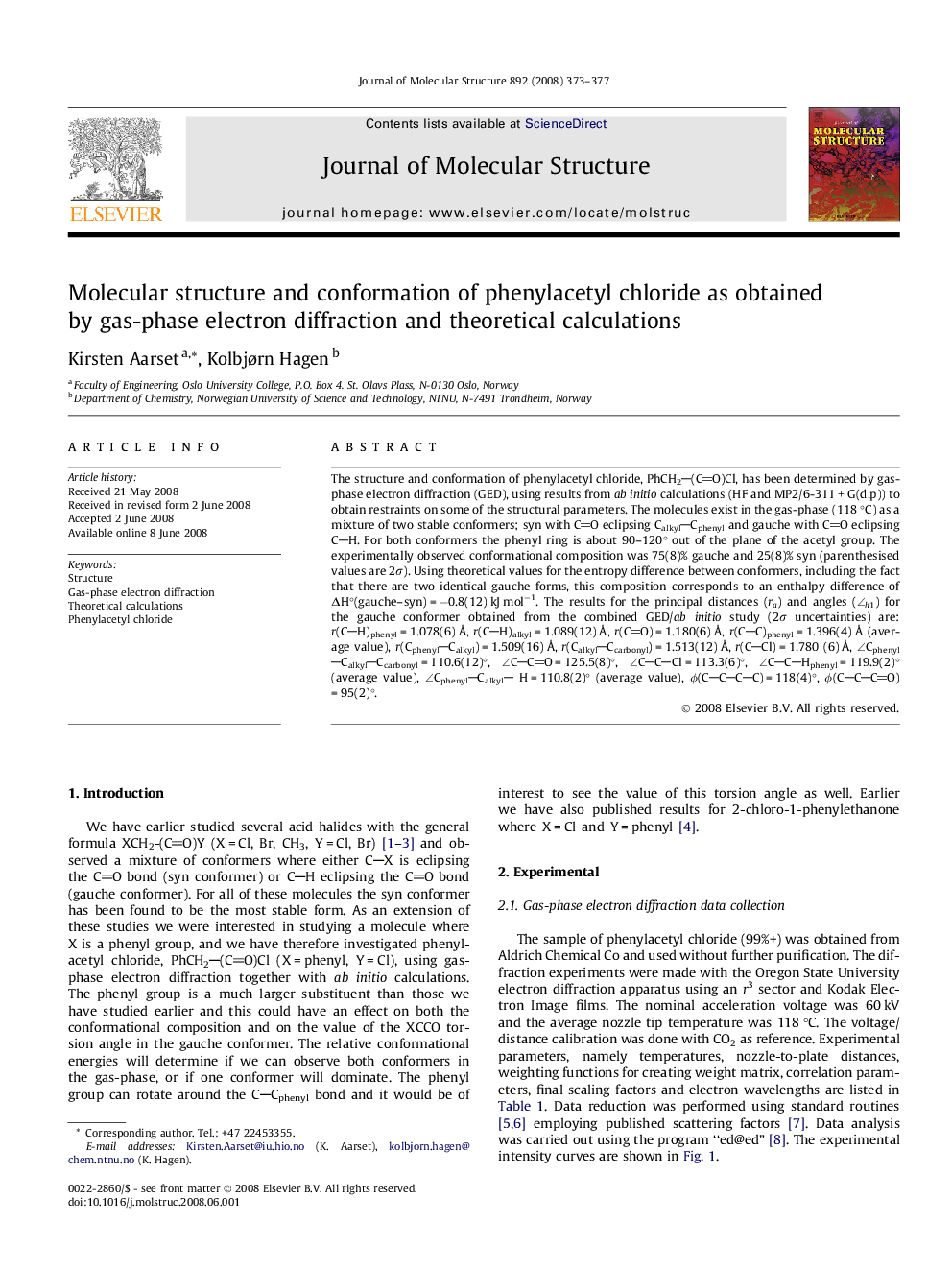 Molecular structure and conformation of phenylacetyl chloride as obtained by gas-phase electron diffraction and theoretical calculations