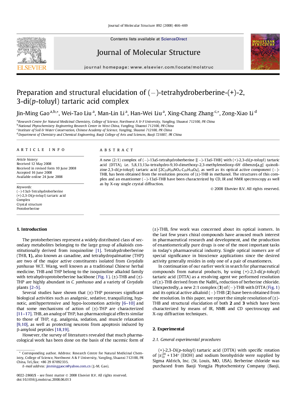 Preparation and structural elucidation of (−)-tetrahydroberberine-(+)-2,3-di(p-toluyl) tartaric acid complex