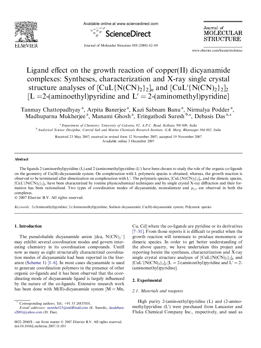 Ligand effect on the growth reaction of copper(II) dicyanamide complexes: Syntheses, characterization and X-ray single crystal structure analyses of [CuL{N(CN)2}2]n and [CuL′{N(CN)2}2]2 [L = 2-(aminoethyl)pyridine and L′ = 2-(aminomethyl)pyridine]