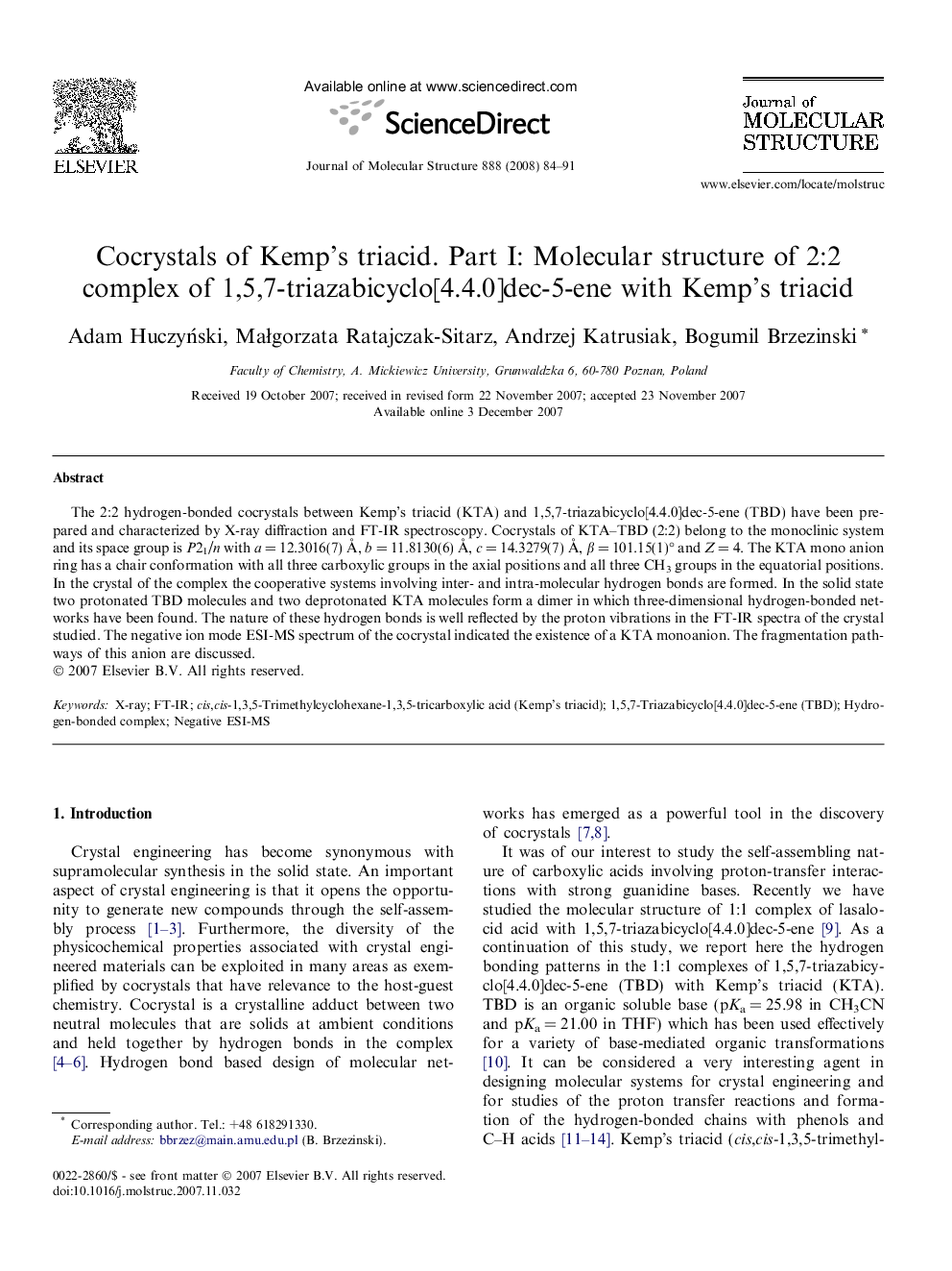 Cocrystals of Kemp's triacid. Part I: Molecular structure of 2:2 complex of 1,5,7-triazabicyclo[4.4.0]dec-5-ene with Kemp's triacid