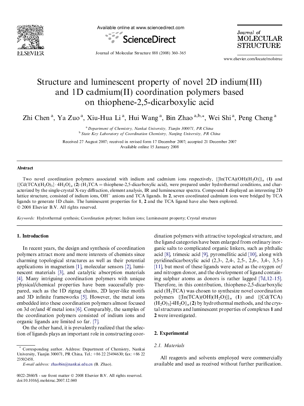 Structure and luminescent property of novel 2D indium(III) and 1D cadmium(II) coordination polymers based on thiophene-2,5-dicarboxylic acid