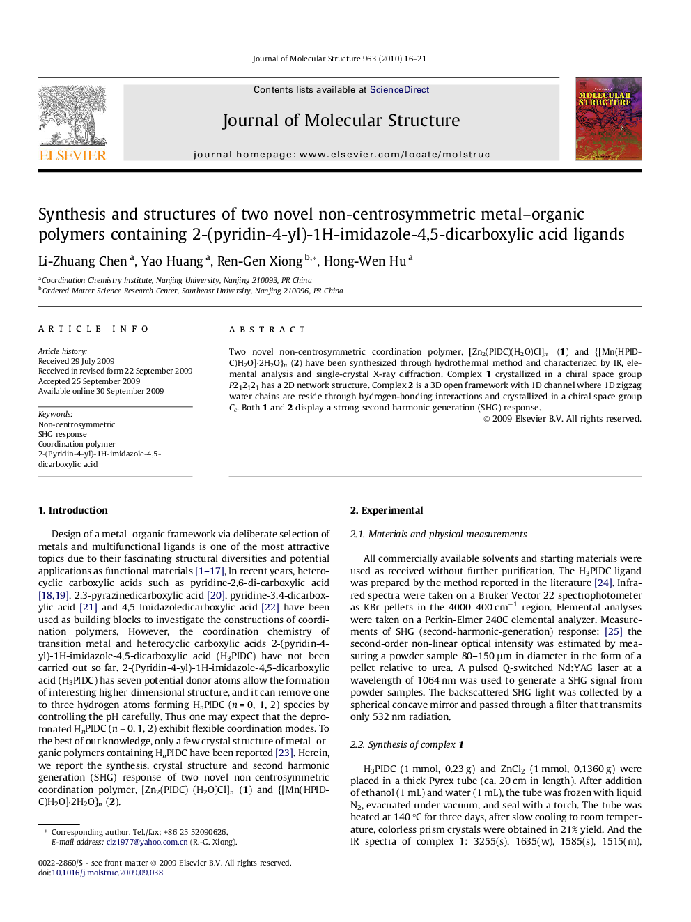 Synthesis and structures of two novel non-centrosymmetric metal–organic polymers containing 2-(pyridin-4-yl)-1H-imidazole-4,5-dicarboxylic acid ligands