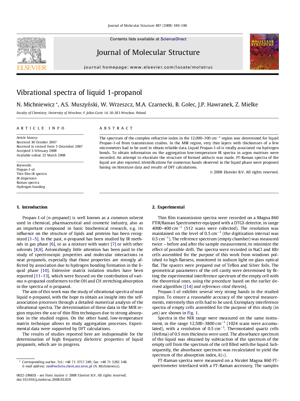 Vibrational spectra of liquid 1-propanol