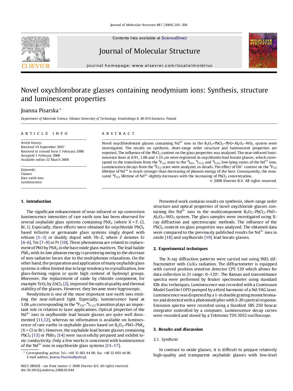 Novel oxychloroborate glasses containing neodymium ions: Synthesis, structure and luminescent properties