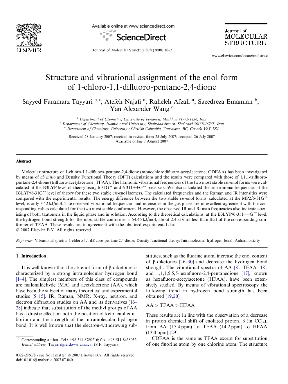 Structure and vibrational assignment of the enol form of 1-chloro-1,1-difluoro-pentane-2,4-dione