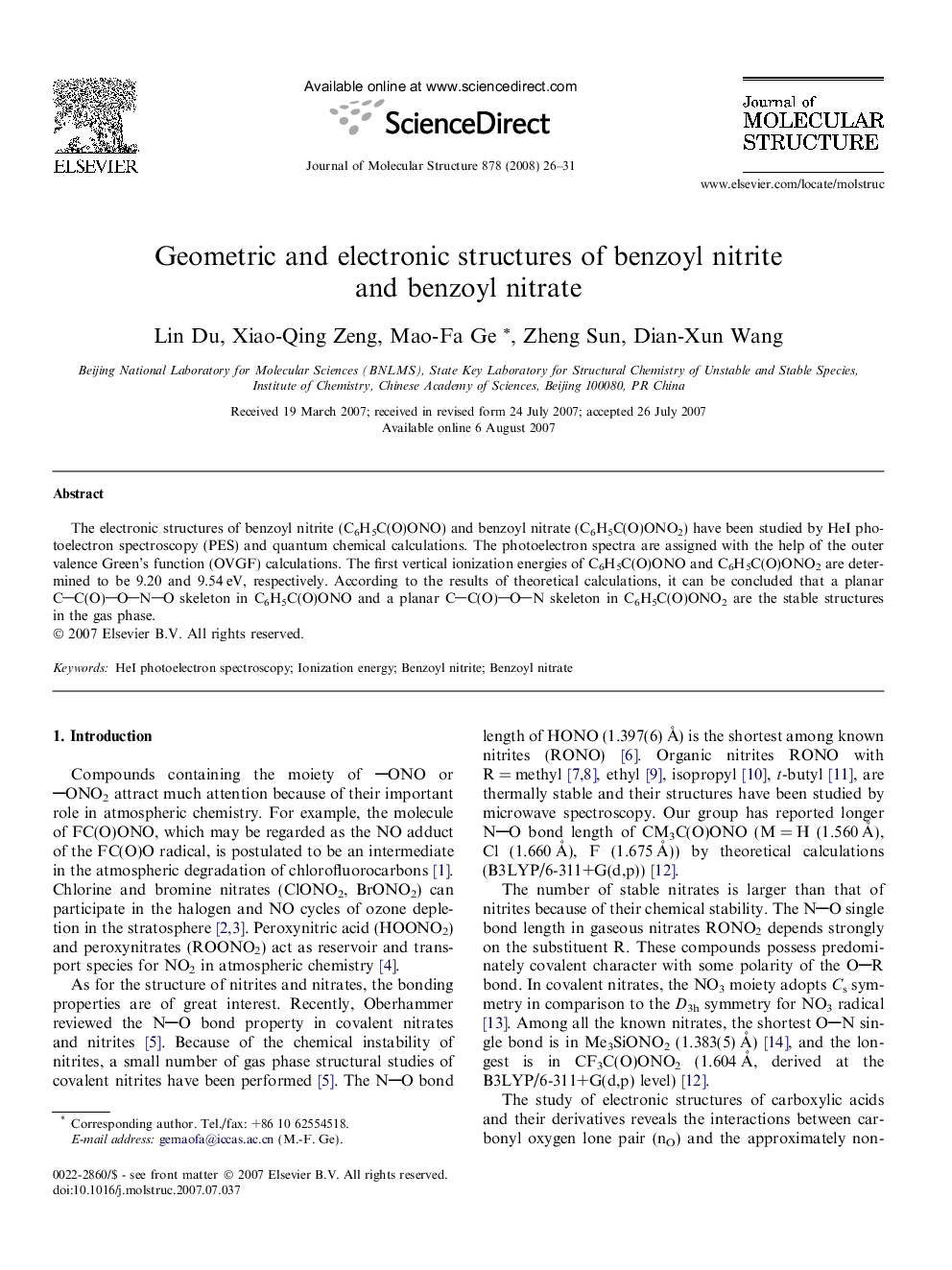 Geometric and electronic structures of benzoyl nitrite and benzoyl nitrate