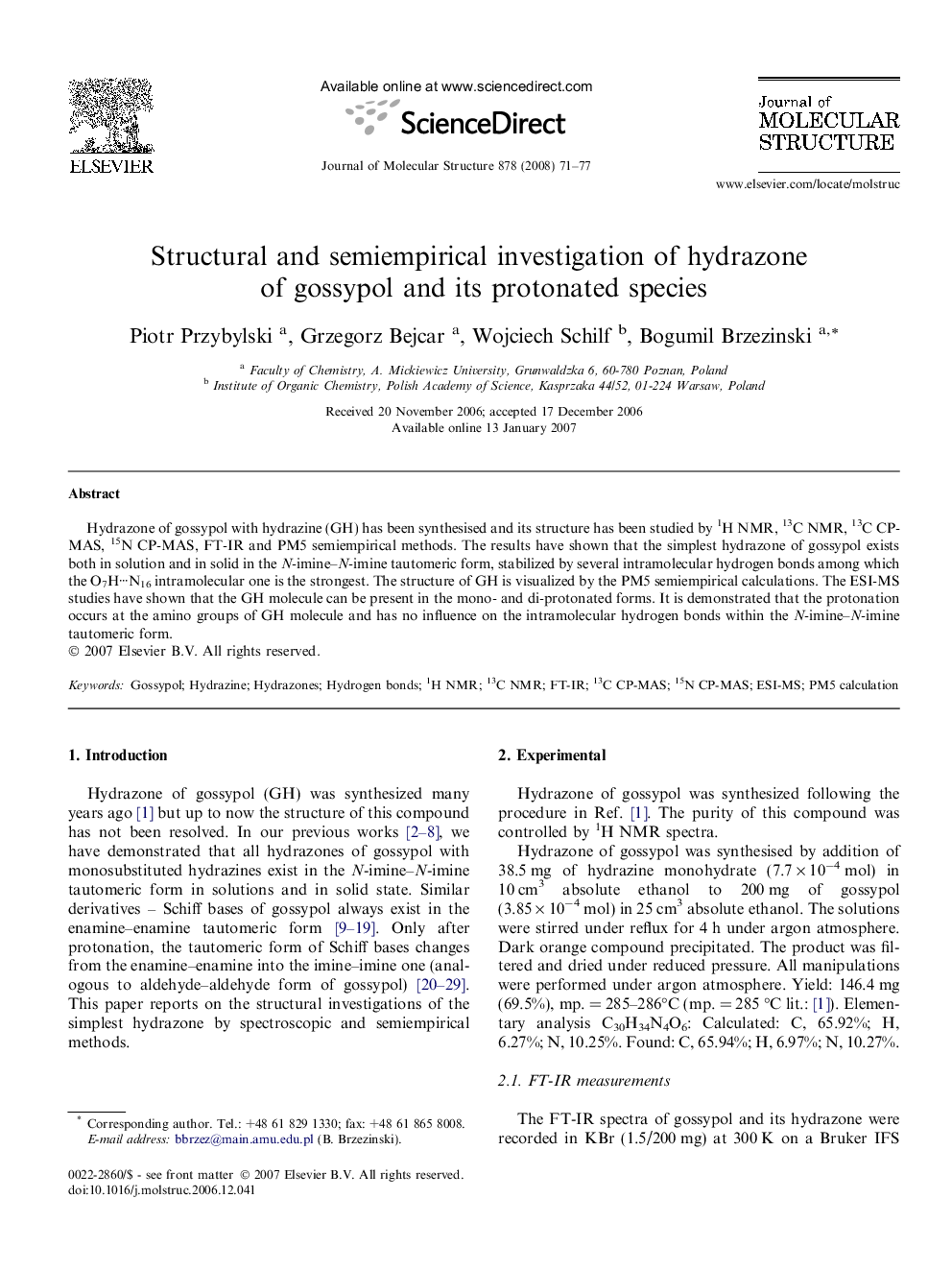 Structural and semiempirical investigation of hydrazone of gossypol and its protonated species