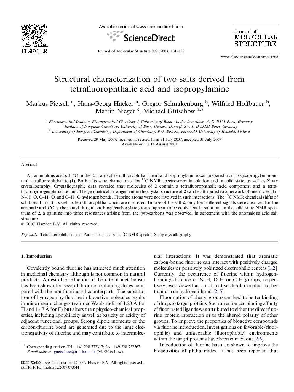 Structural characterization of two salts derived from tetrafluorophthalic acid and isopropylamine