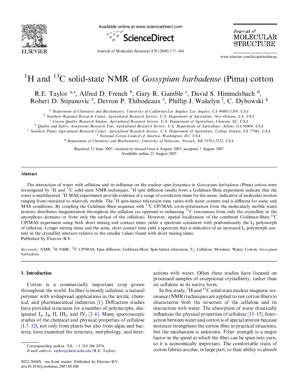 1H and 13C solid-state NMR of Gossypium barbadense (Pima) cotton