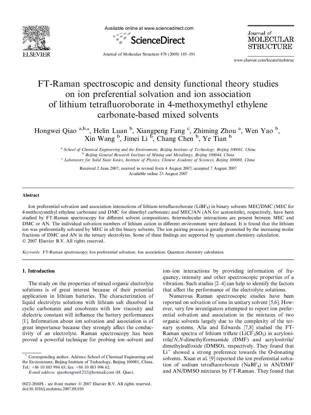 FT-Raman spectroscopic and density functional theory studies on ion preferential solvation and ion association of lithium tetrafluoroborate in 4-methoxymethyl ethylene carbonate-based mixed solvents