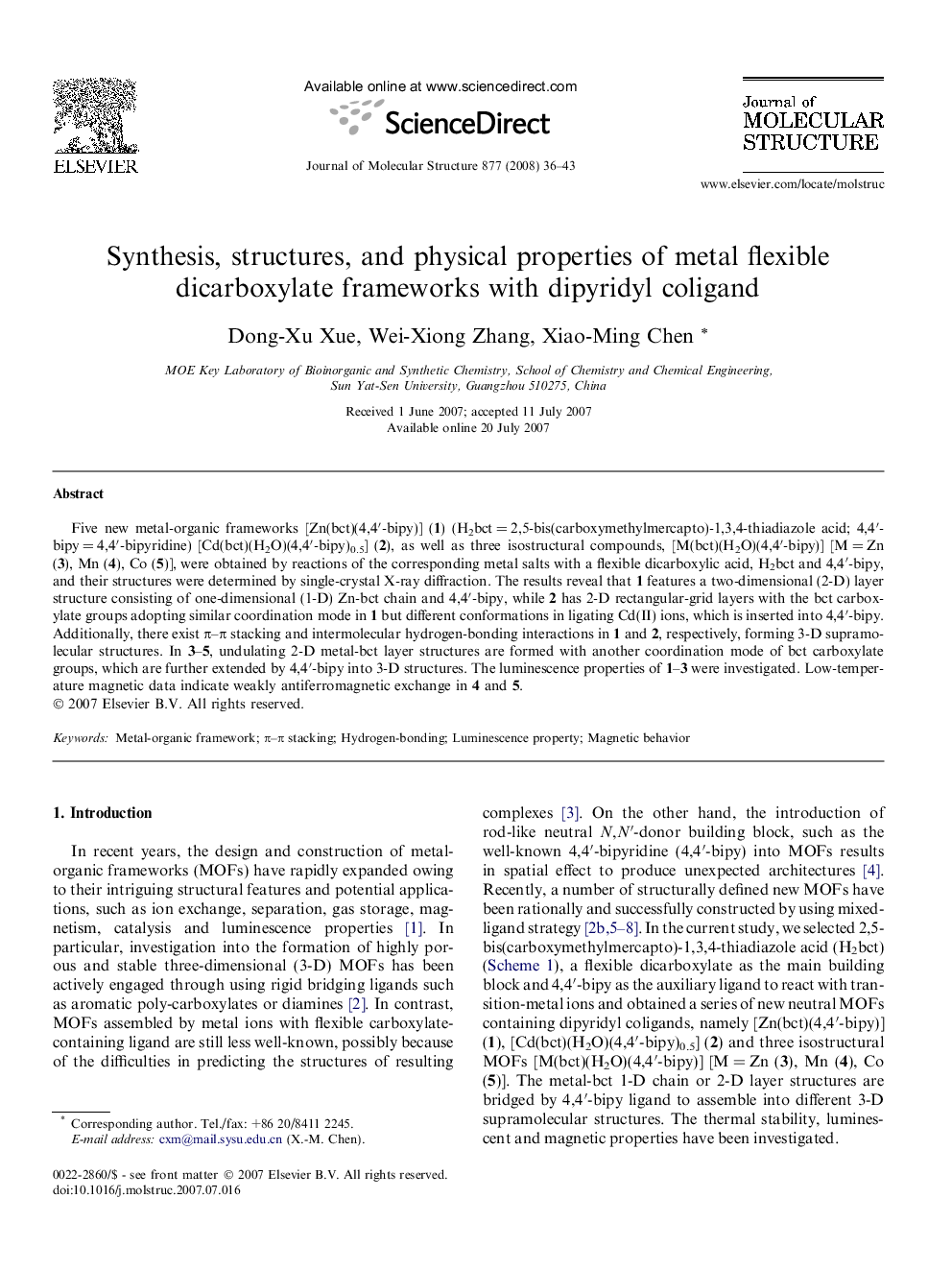 Synthesis, structures, and physical properties of metal flexible dicarboxylate frameworks with dipyridyl coligand