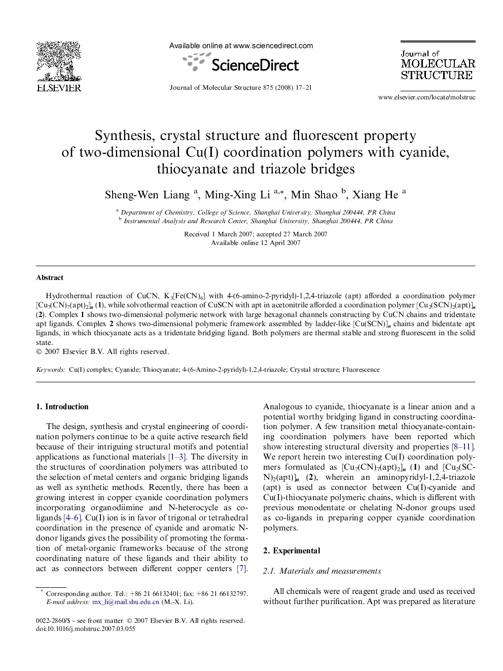 Synthesis, crystal structure and fluorescent property of two-dimensional Cu(I) coordination polymers with cyanide, thiocyanate and triazole bridges