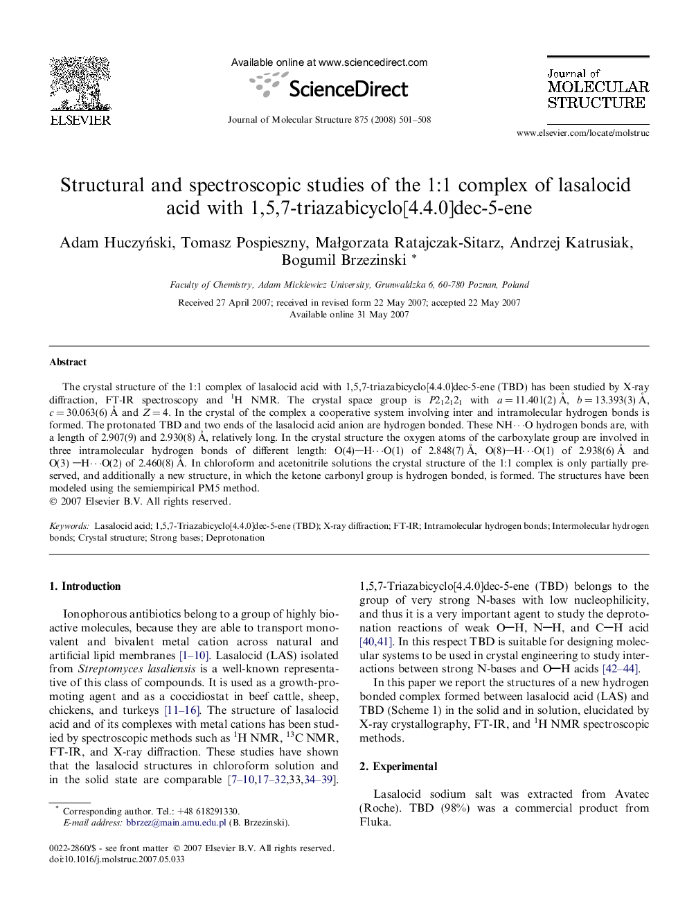 Structural and spectroscopic studies of the 1:1 complex of lasalocid acid with 1,5,7-triazabicyclo[4.4.0]dec-5-ene