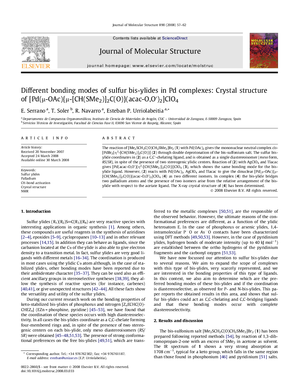 Different bonding modes of sulfur bis-ylides in Pd complexes: Crystal structure of [Pd(μ-OAc){μ-[CH(SMe2)]2C(O)}(acac-O,O′)2]ClO4