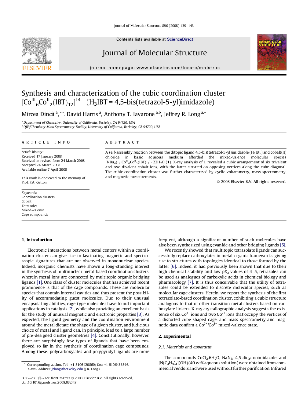 Synthesis and characterization of the cubic coordination cluster [CoIII6CoII2(IBT)12]14- (H3IBT = 4,5-bis(tetrazol-5-yl)imidazole)