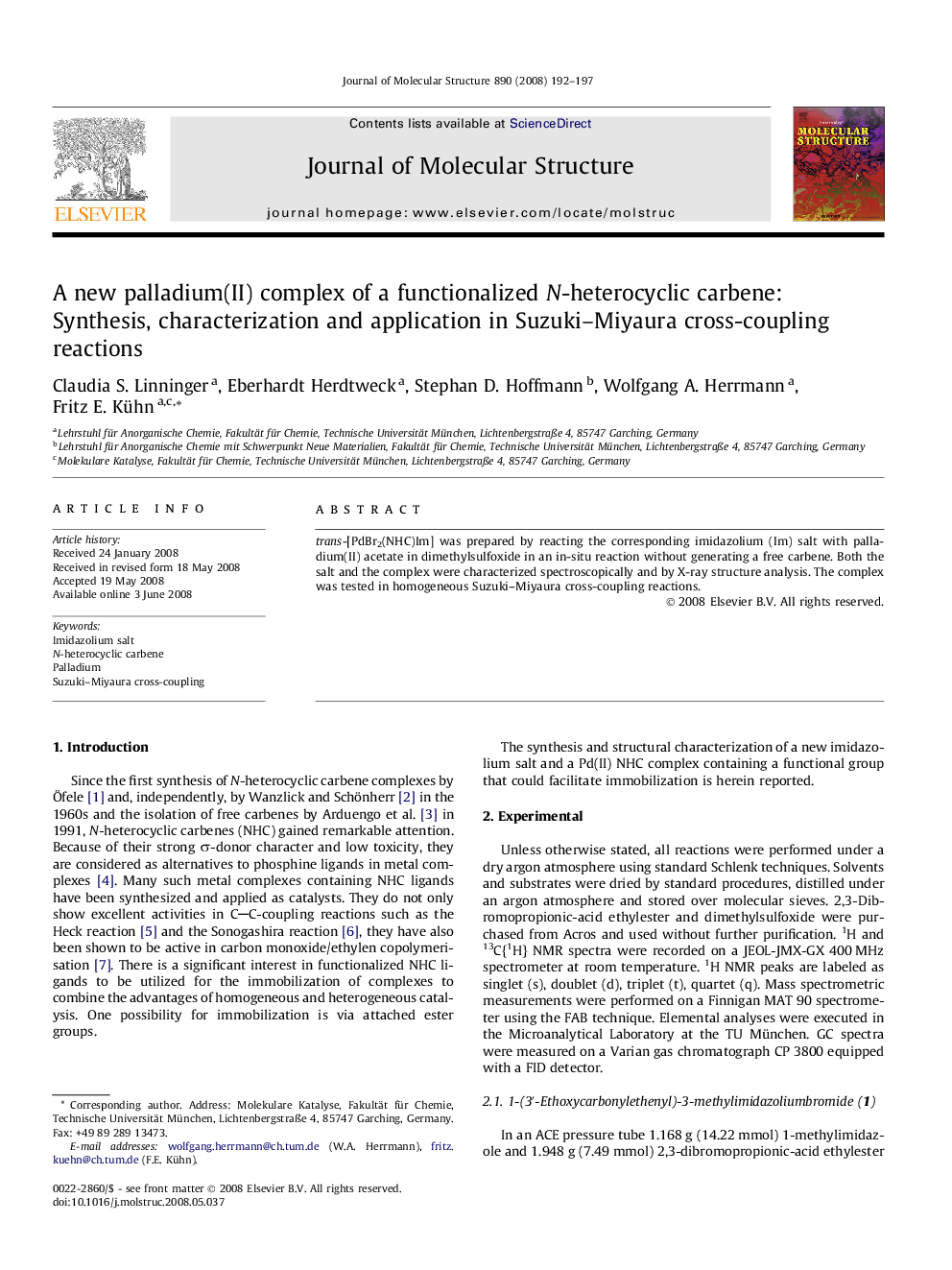 A new palladium(II) complex of a functionalized N-heterocyclic carbene: Synthesis, characterization and application in Suzuki–Miyaura cross-coupling reactions