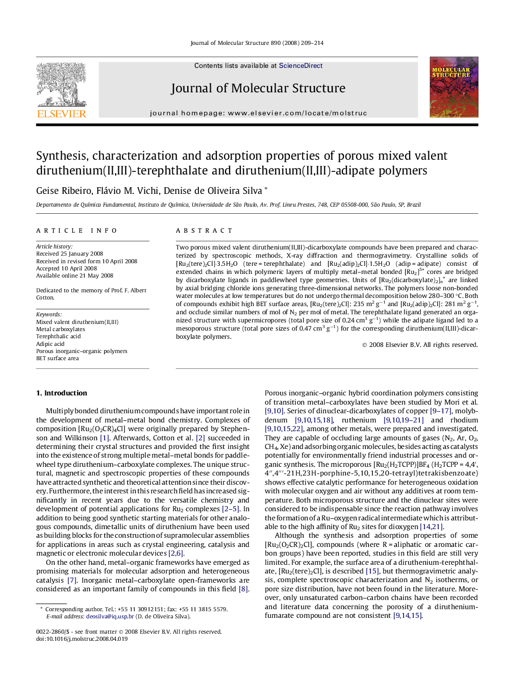 Synthesis, characterization and adsorption properties of porous mixed valent diruthenium(II,III)-terephthalate and diruthenium(II,III)-adipate polymers