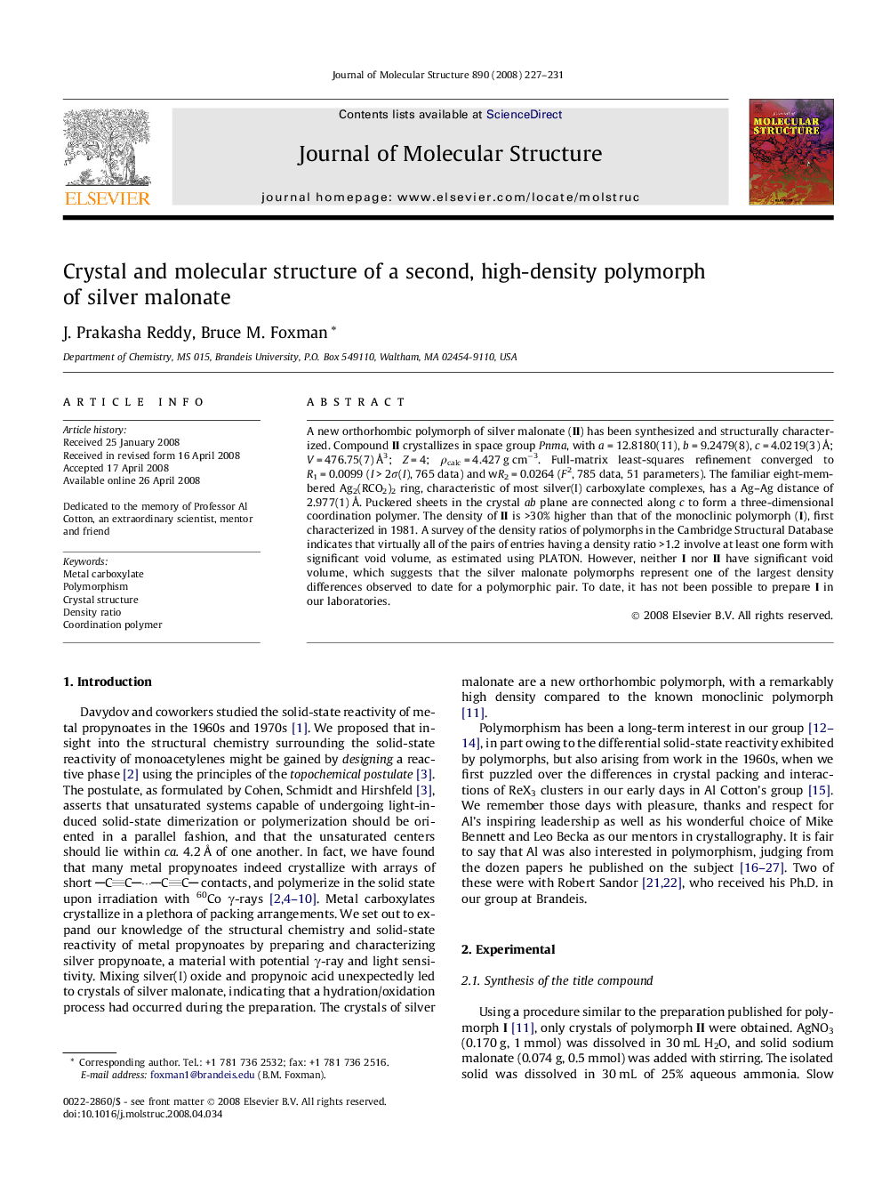 عکس صفحه اول مقاله: Crystal and molecular structure of a second, high-density polymorph of silver malonate Crystal and molecular structure of a second, high-density polymorph of silver malonate