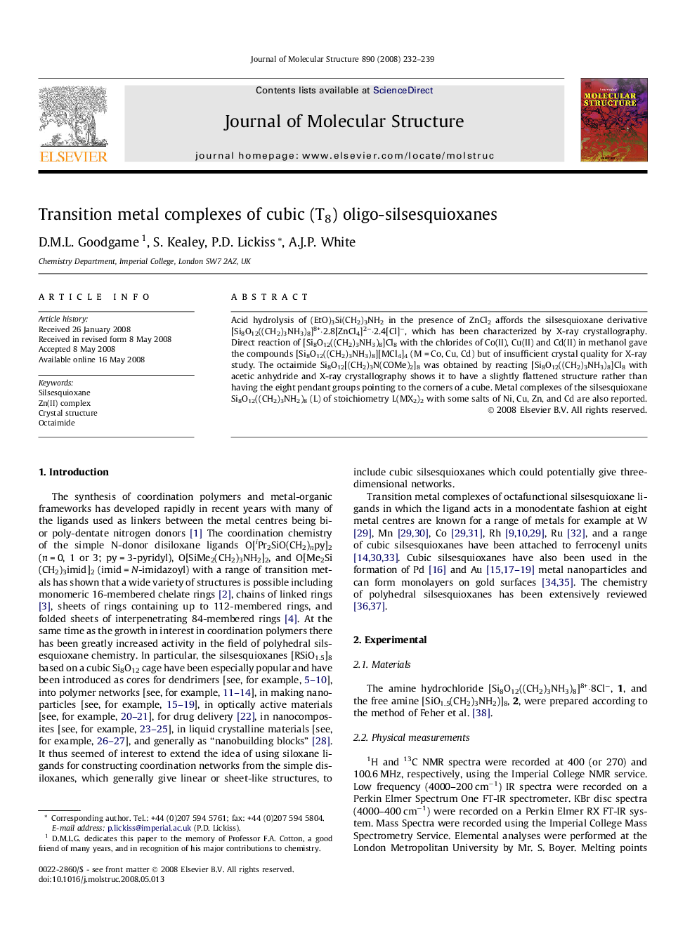 Transition metal complexes of cubic (T8) oligo-silsesquioxanes