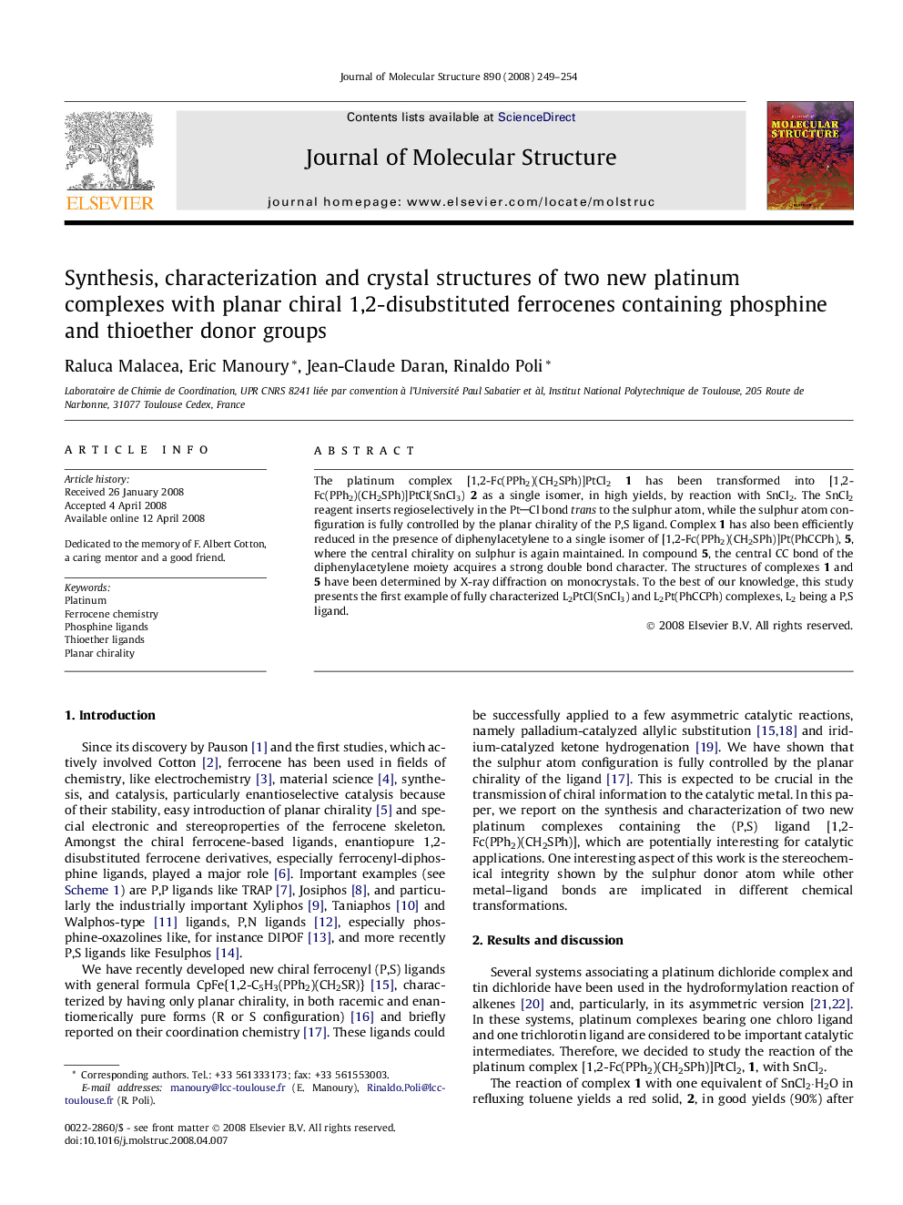 Synthesis, characterization and crystal structures of two new platinum complexes with planar chiral 1,2-disubstituted ferrocenes containing phosphine and thioether donor groups