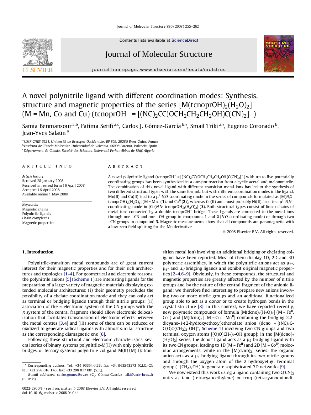 A novel polynitrile ligand with different coordination modes: Synthesis, structure and magnetic properties of the series [M(tcnoprOH)2(H2O)2] (M = Mn, Co and Cu) (tcnoprOH− = [(NC)2CC(OCH2CH2CH2OH)C(CN)2]−)