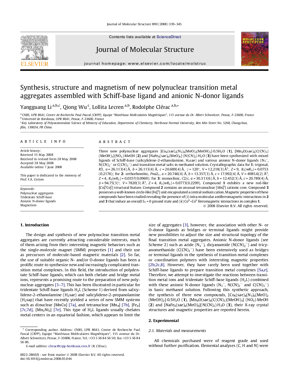 Synthesis, structure and magnetism of new polynuclear transition metal aggregates assembled with Schiff-base ligand and anionic N-donor ligands