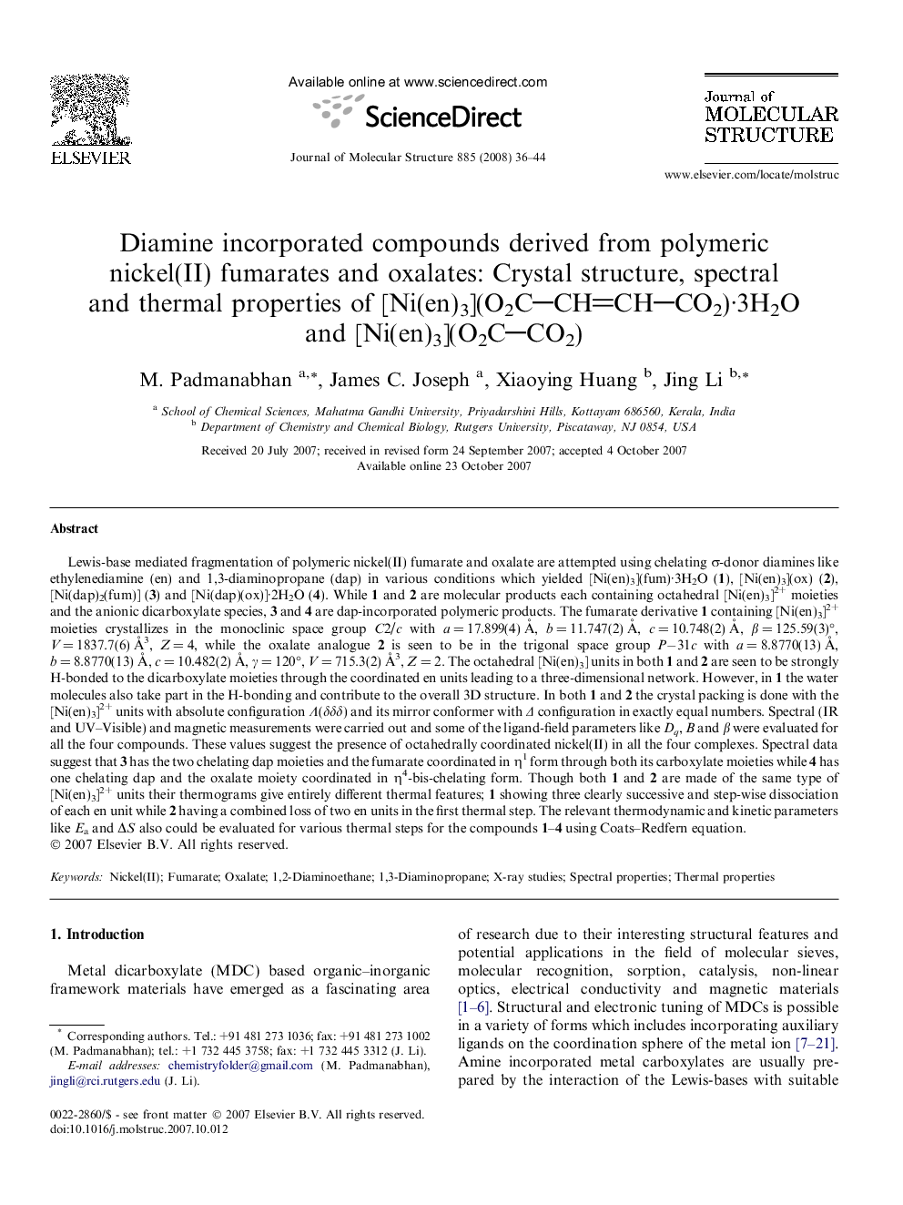 Diamine incorporated compounds derived from polymeric nickel(II) fumarates and oxalates: Crystal structure, spectral and thermal properties of [Ni(en)3](O2CCHCHCO2)·3H2O and [Ni(en)3](O2CCO2)