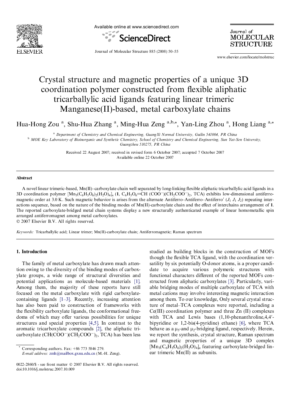 Crystal structure and magnetic properties of a unique 3D coordination polymer constructed from flexible aliphatic tricarballylic acid ligands featuring linear trimeric Manganese(II)-based, metal carboxylate chains