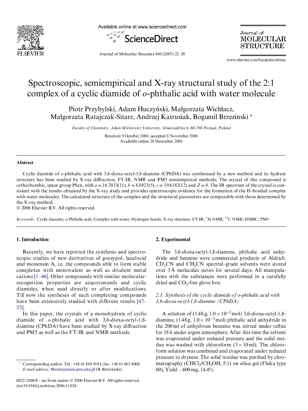 Spectroscopic, semiempirical and X-ray structural study of the 2:1 complex of a cyclic diamide of o-phthalic acid with water molecule