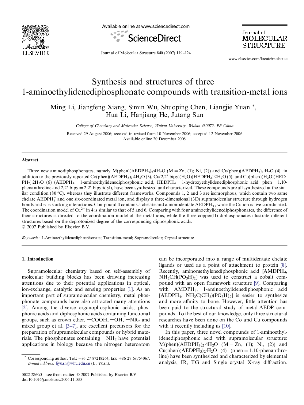 Synthesis and structures of three 1-aminoethylidenediphosphonate compounds with transition-metal ions