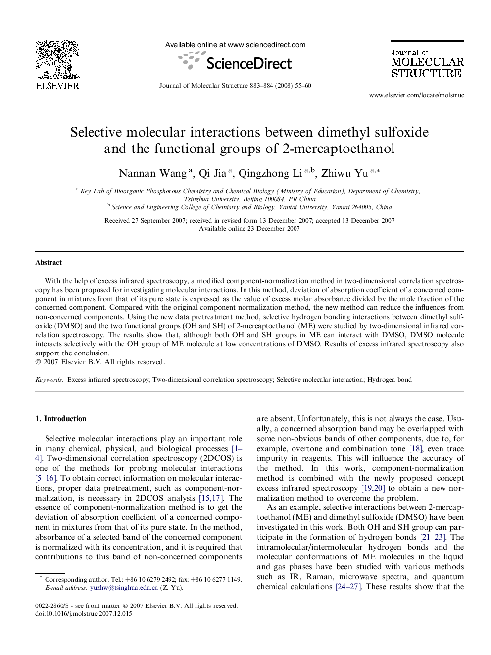 Selective molecular interactions between dimethyl sulfoxide and the functional groups of 2-mercaptoethanol