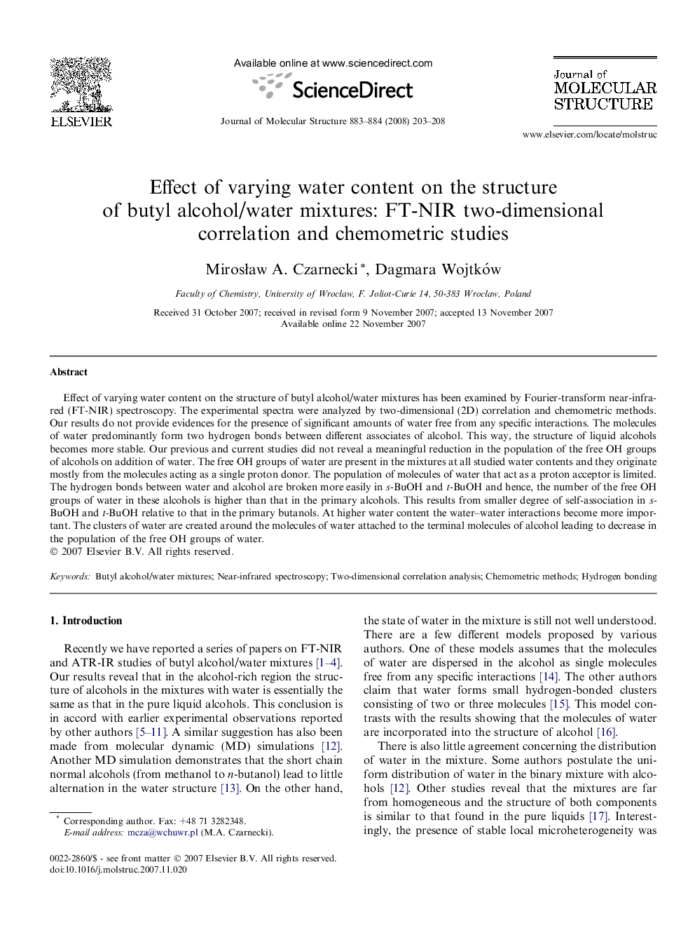 Effect of varying water content on the structure of butyl alcohol/water mixtures: FT-NIR two-dimensional correlation and chemometric studies