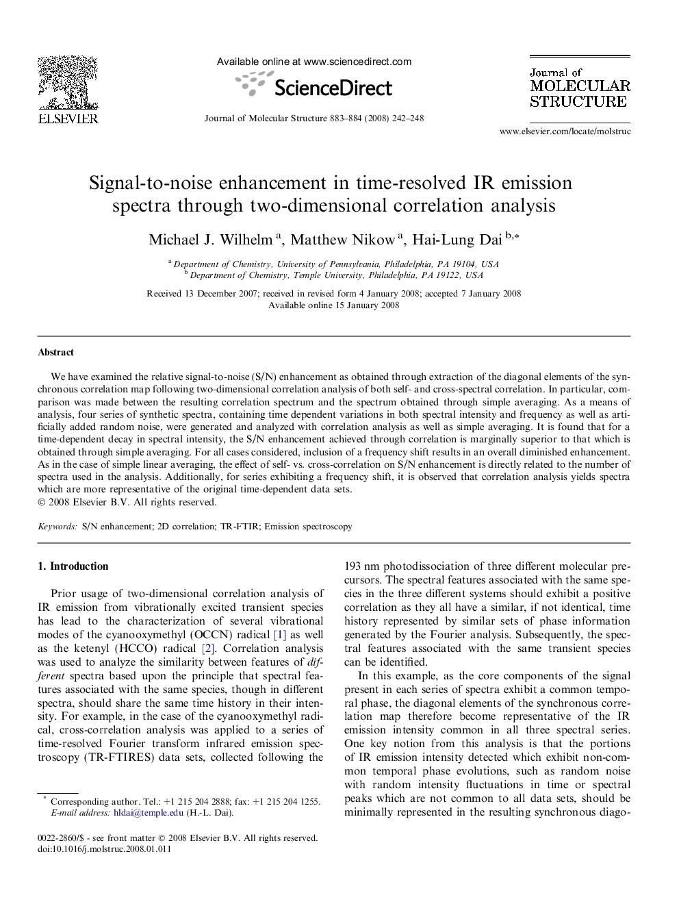 Signal-to-noise enhancement in time-resolved IR emission spectra through two-dimensional correlation analysis