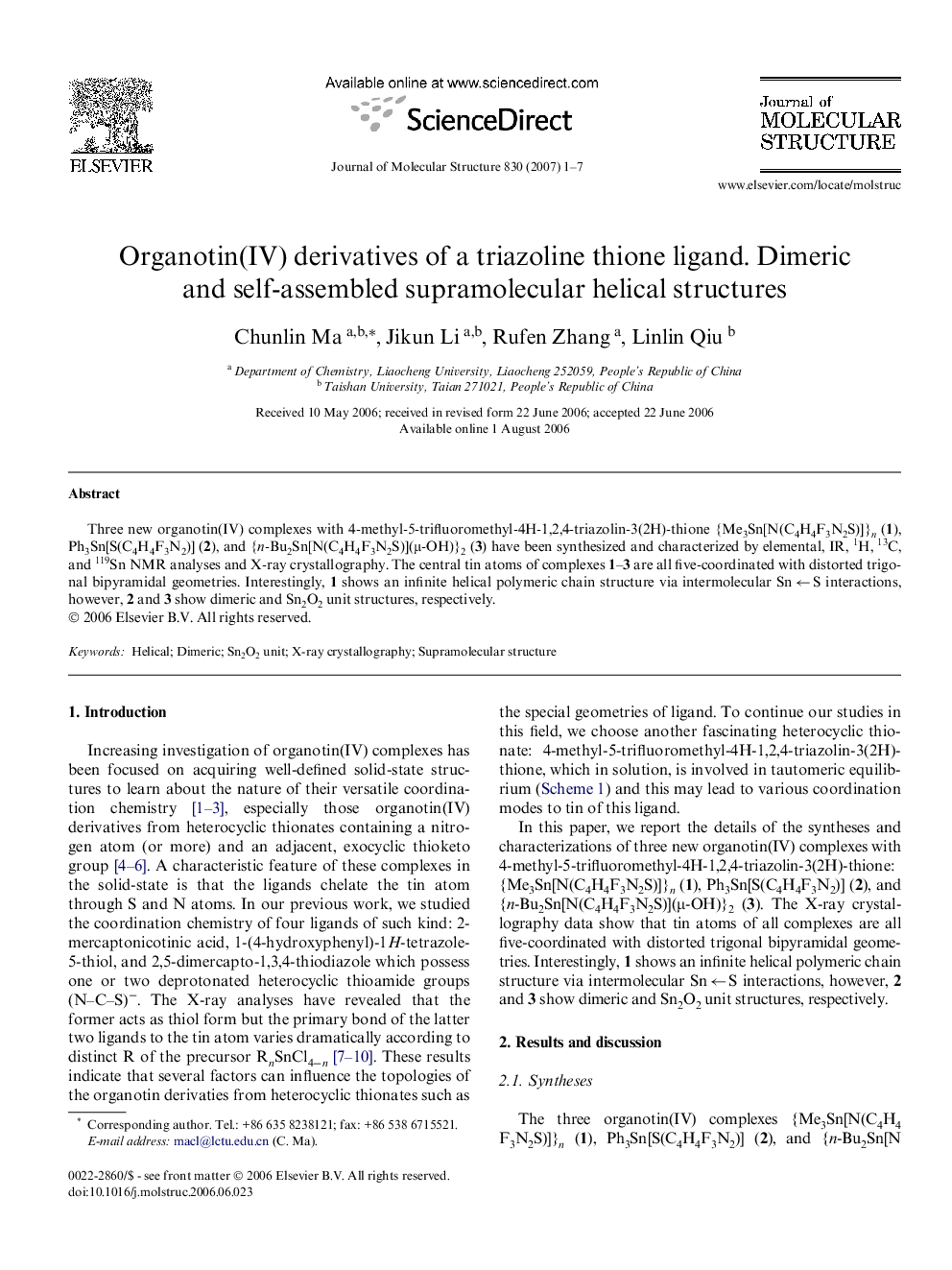 Organotin(IV) derivatives of a triazoline thione ligand. Dimeric and self-assembled supramolecular helical structures