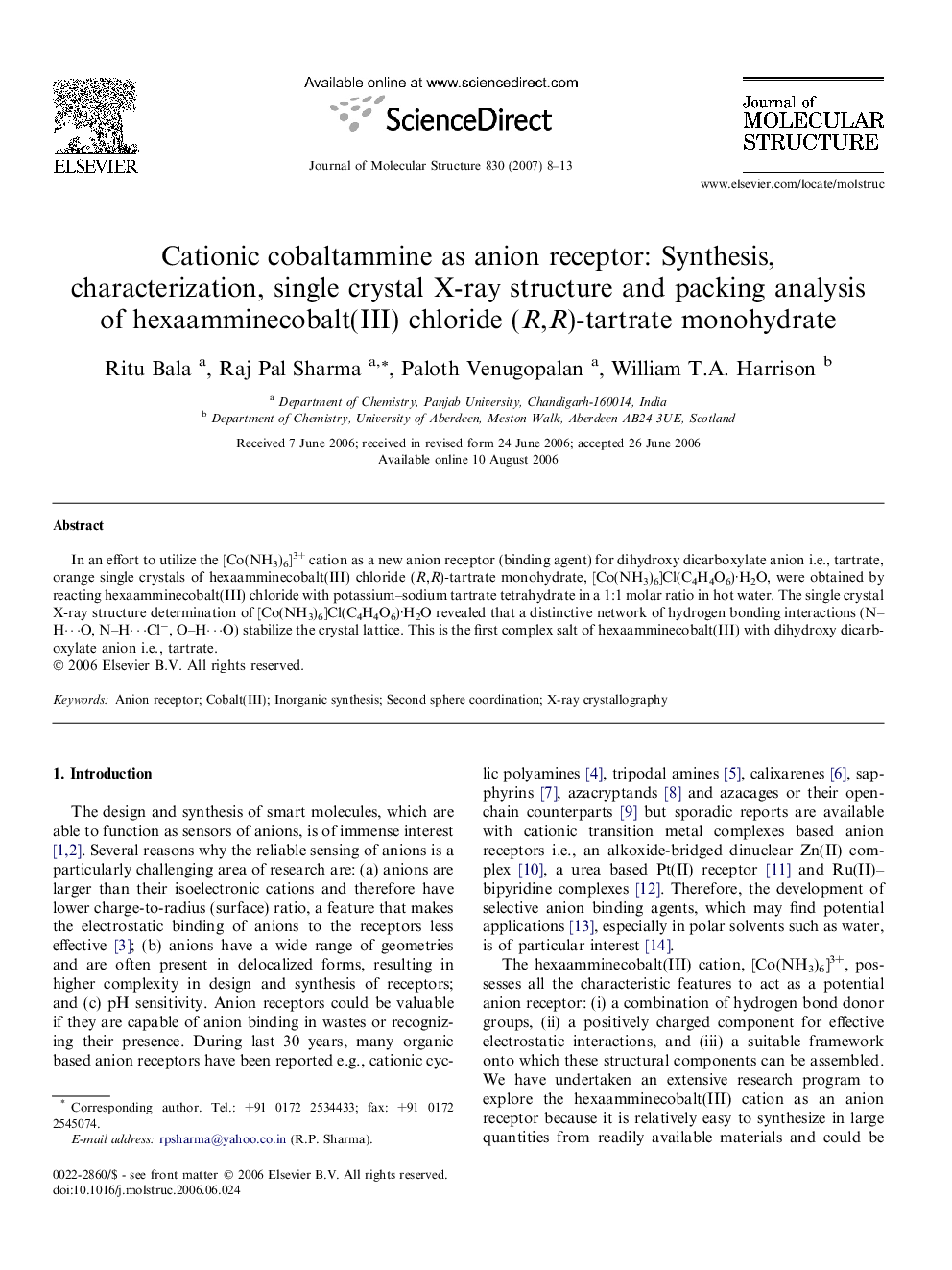 Cationic cobaltammine as anion receptor: Synthesis, characterization, single crystal X-ray structure and packing analysis of hexaamminecobalt(III) chloride (R,R)-tartrate monohydrate