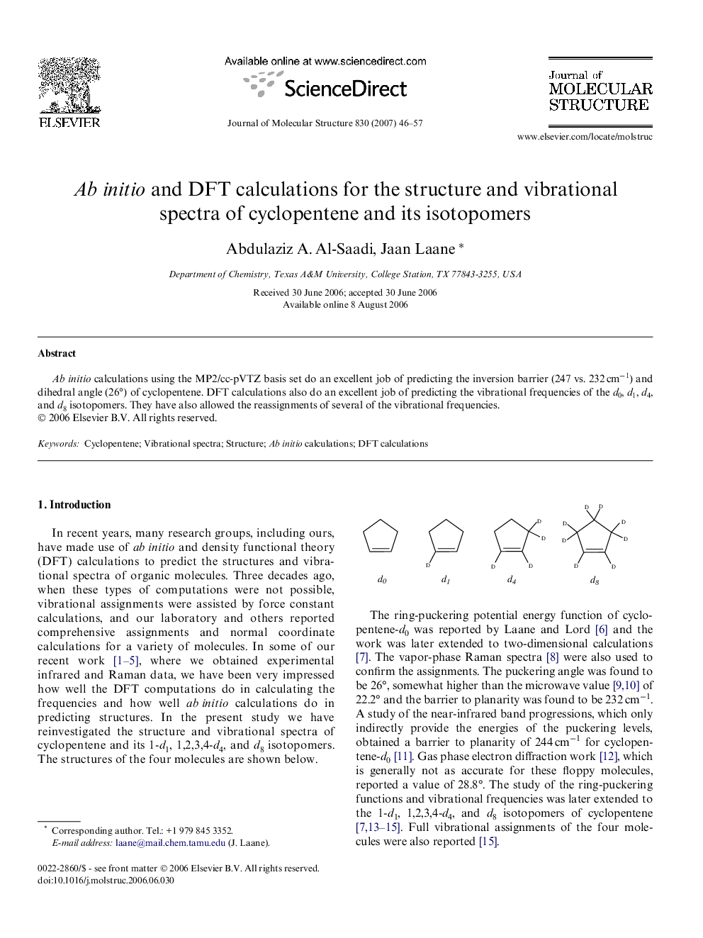 Ab initio and DFT calculations for the structure and vibrational spectra of cyclopentene and its isotopomers