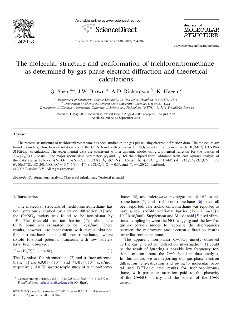 The molecular structure and conformation of trichloronitromethane as determined by gas-phase electron diffraction and theoretical calculations