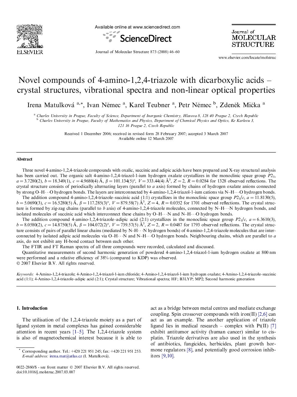 Novel compounds of 4-amino-1,2,4-triazole with dicarboxylic acids – crystal structures, vibrational spectra and non-linear optical properties