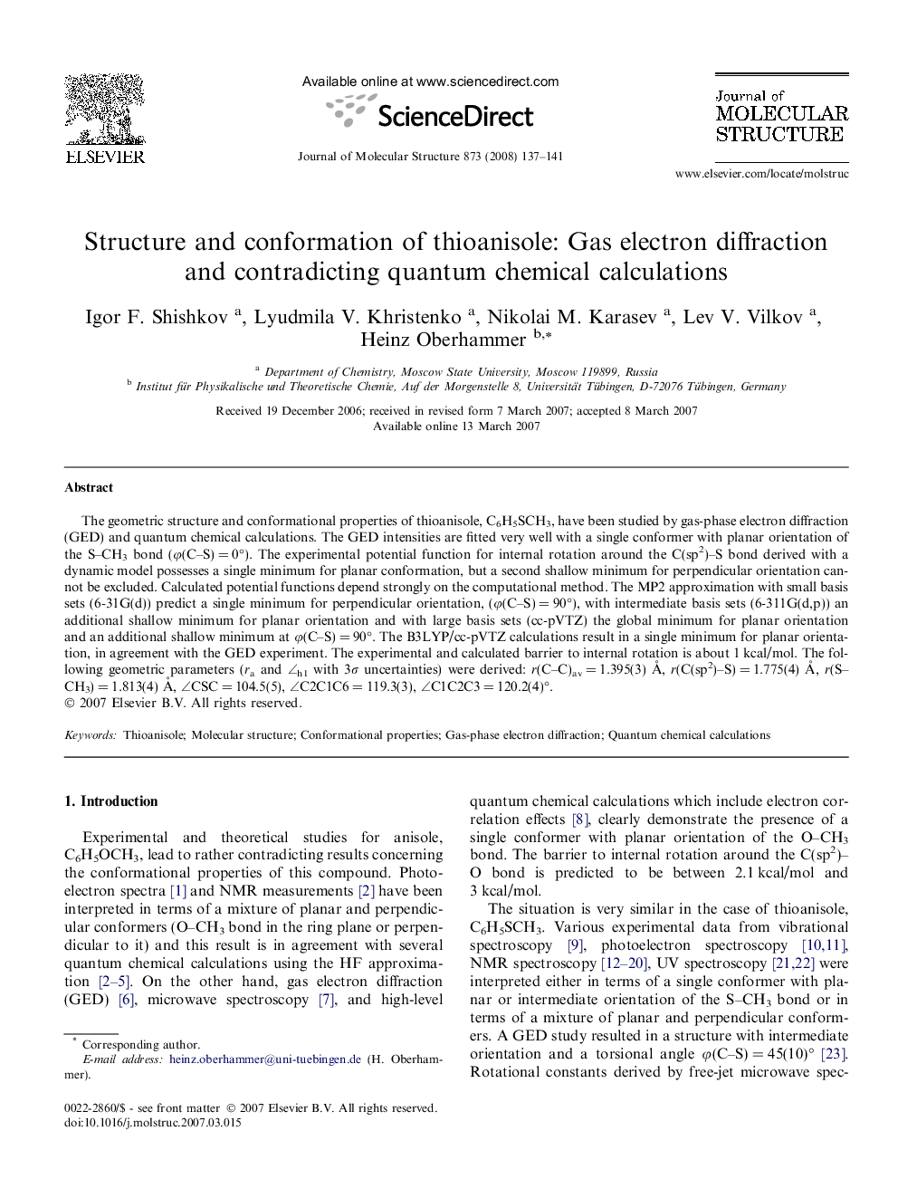 Structure and conformation of thioanisole: Gas electron diffraction and contradicting quantum chemical calculations