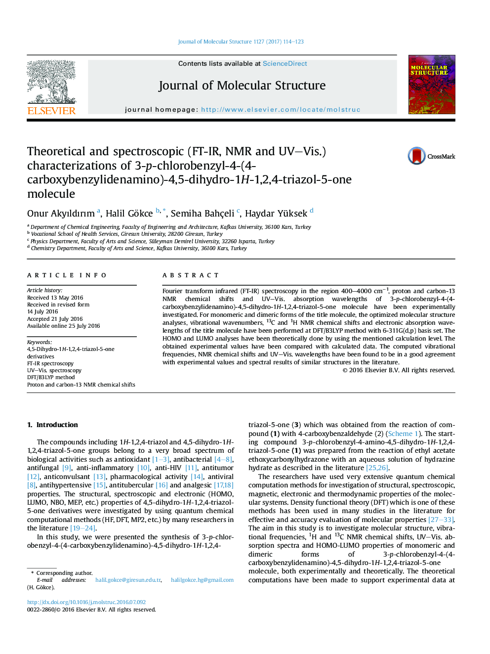 مبانی نظری و طیف سنجی (FT-IR، NMR و UV-Vis) خصوصیات از 3-P-chlorobenzyl-4- (4-carboxybenzylidenamino) -4،5-به Dihydro-1H-1،2،4-triazol-5-یک مولکول