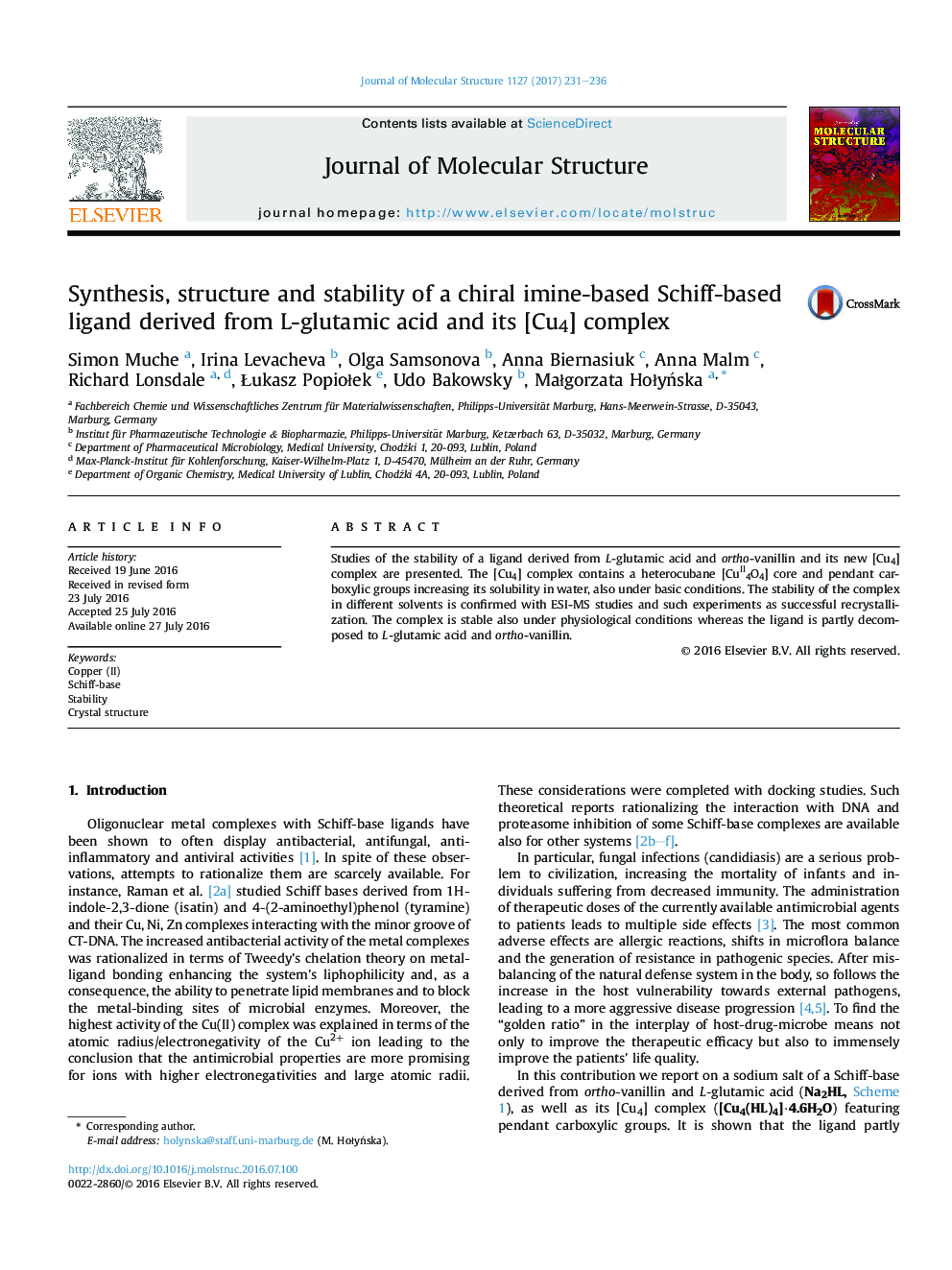 Synthesis, structure and stability of a chiral imine-based Schiff-based ligand derived from L-glutamic acid and its [Cu4] complex