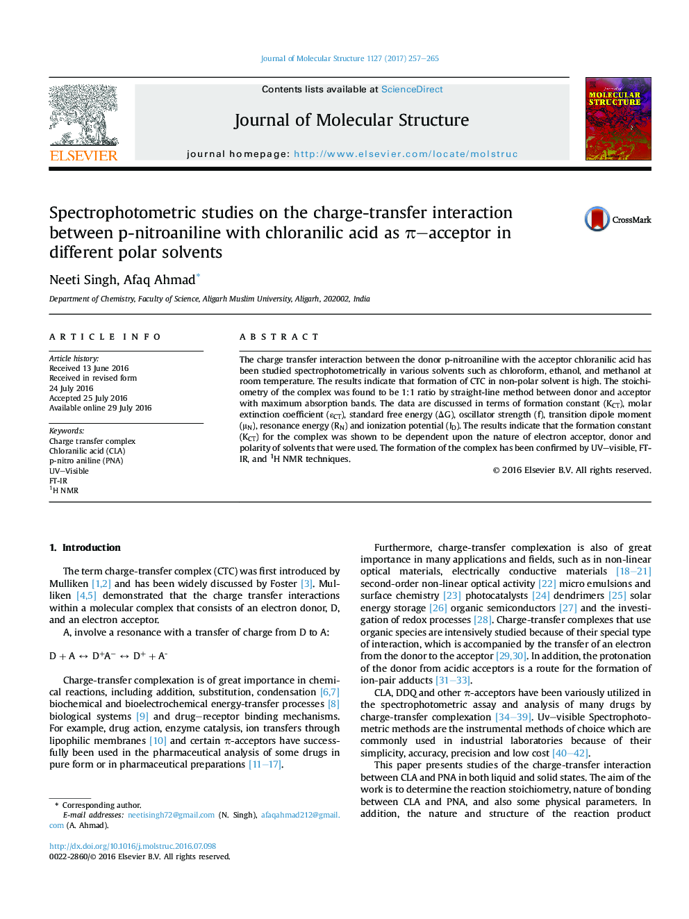 Spectrophotometric studies on the charge-transfer interaction between p-nitroaniline with chloranilic acid as Ï-acceptor in different polar solvents