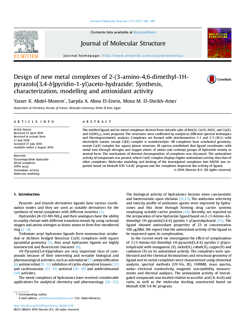 Design of new metal complexes of 2-(3-amino-4,6-dimethyl-1H-pyrazolo[3,4-b]pyridin-1-yl)aceto-hydrazide: Synthesis, characterization, modelling and antioxidant activity