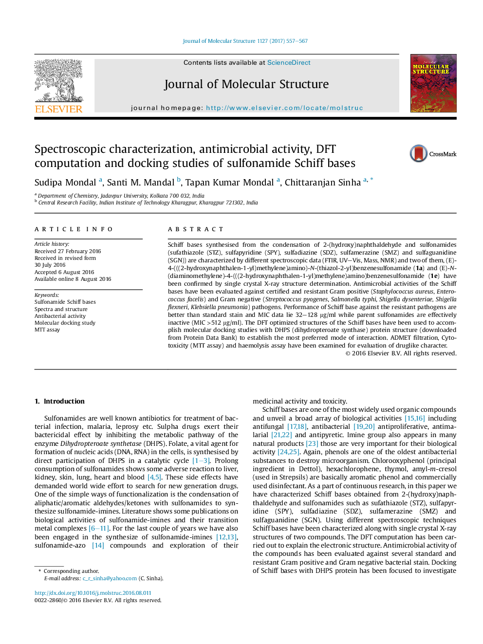 Spectroscopic characterization, antimicrobial activity, DFT computation and docking studies of sulfonamide Schiff bases