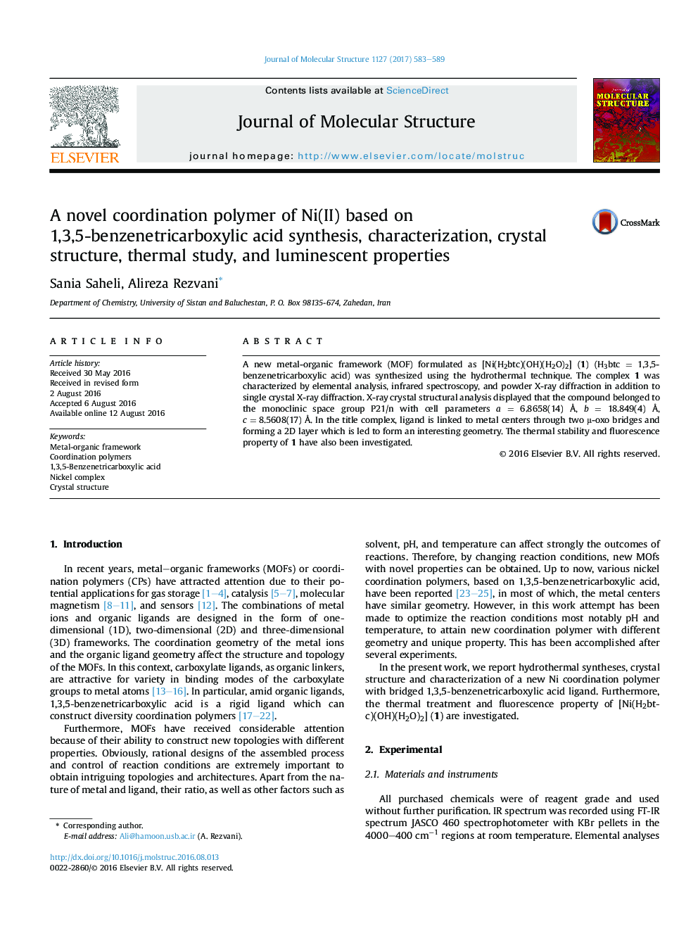 A novel coordination polymer of Ni(II) based on 1,3,5-benzenetricarboxylic acid synthesis, characterization, crystal structure, thermal study, and luminescent properties