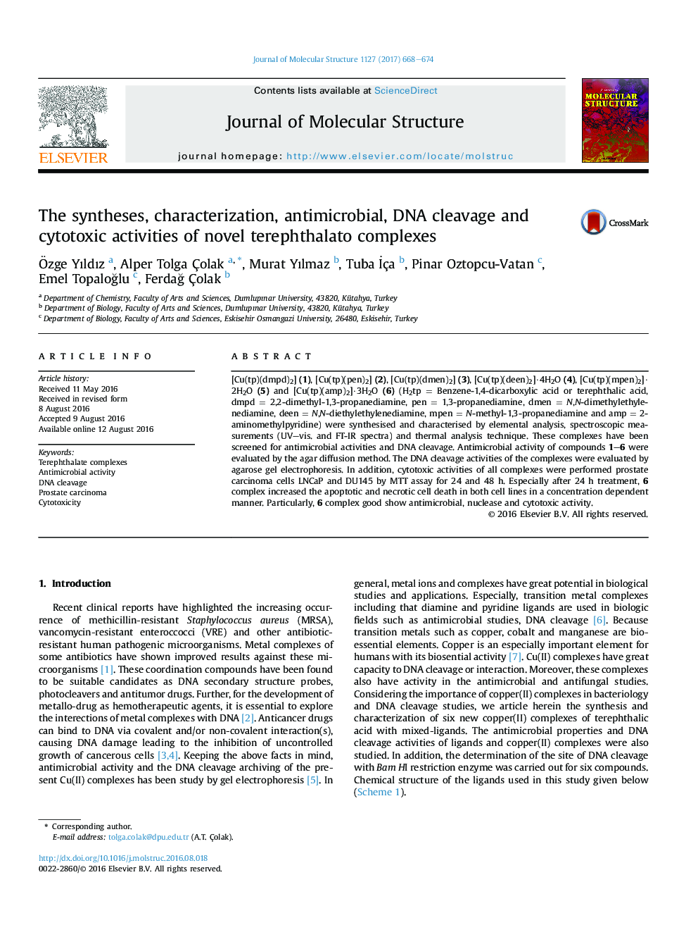 The syntheses, characterization, antimicrobial, DNA cleavage and cytotoxic activities of novel terephthalato complexes