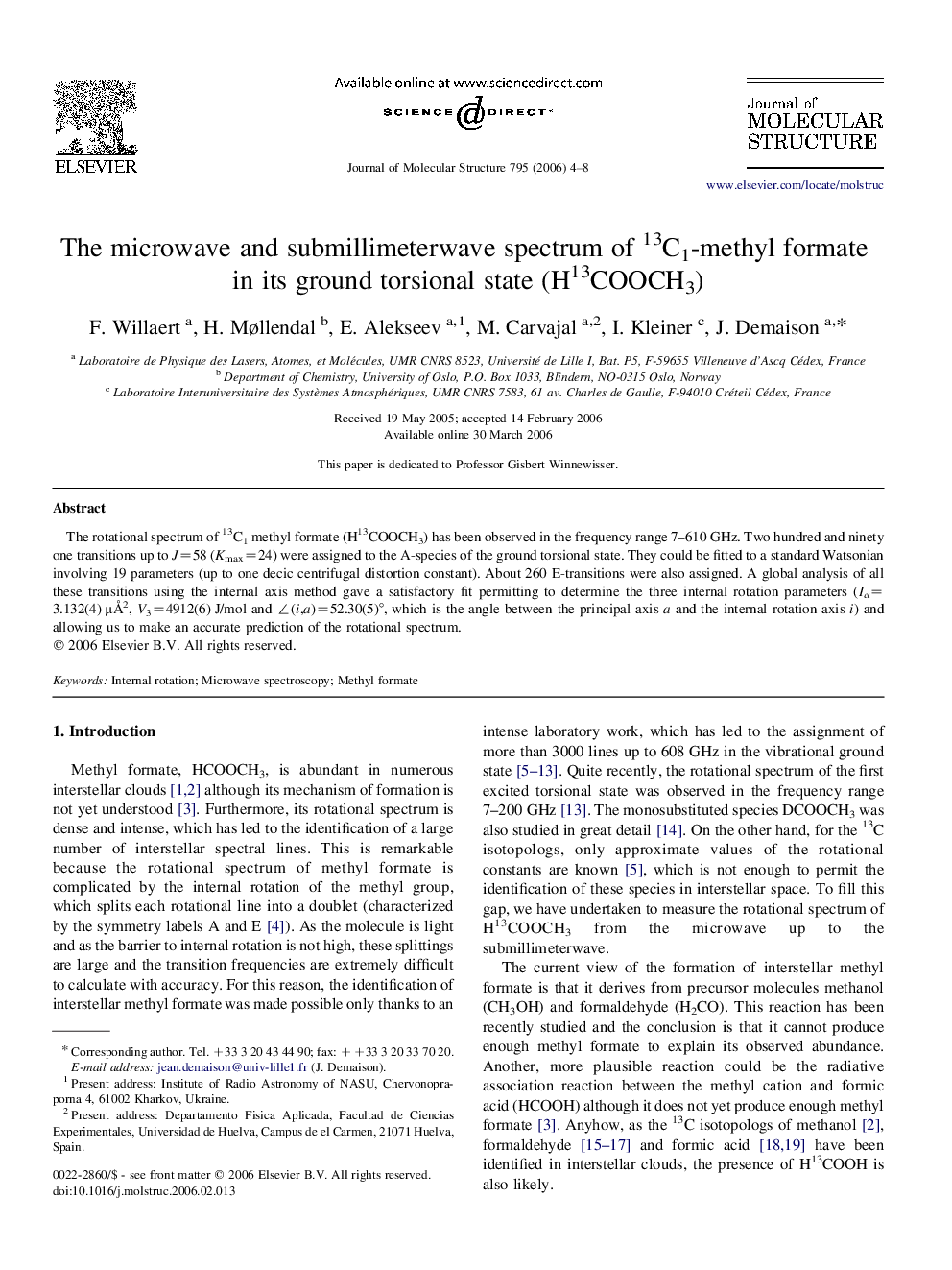 The microwave and submillimeterwave spectrum of 13C1-methyl formate in its ground torsional state (H13COOCH3)