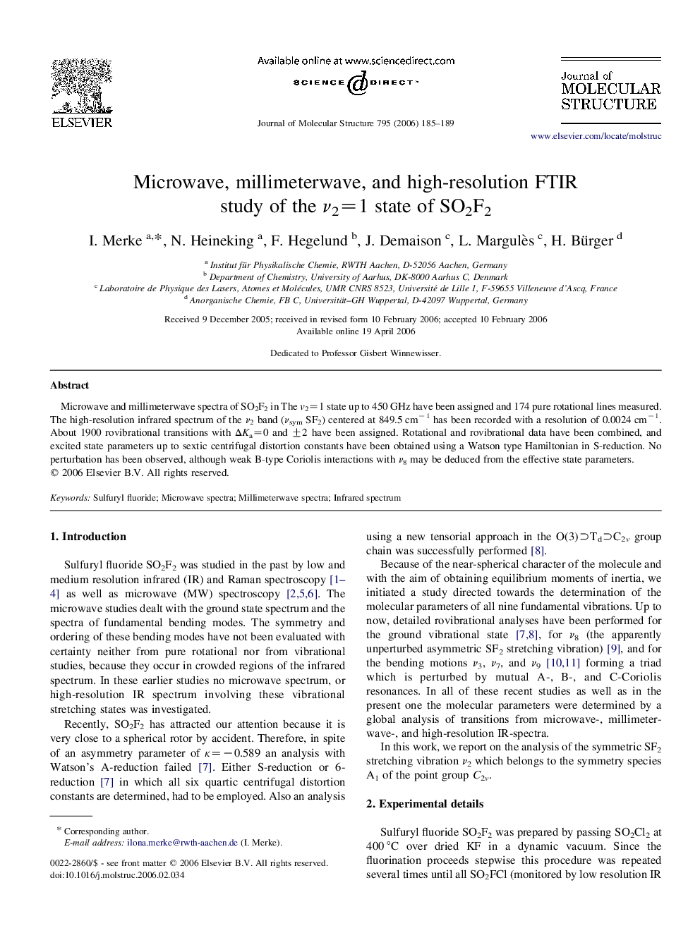 Microwave, millimeterwave, and high-resolution FTIR study of the ν2=1 state of SO2F2