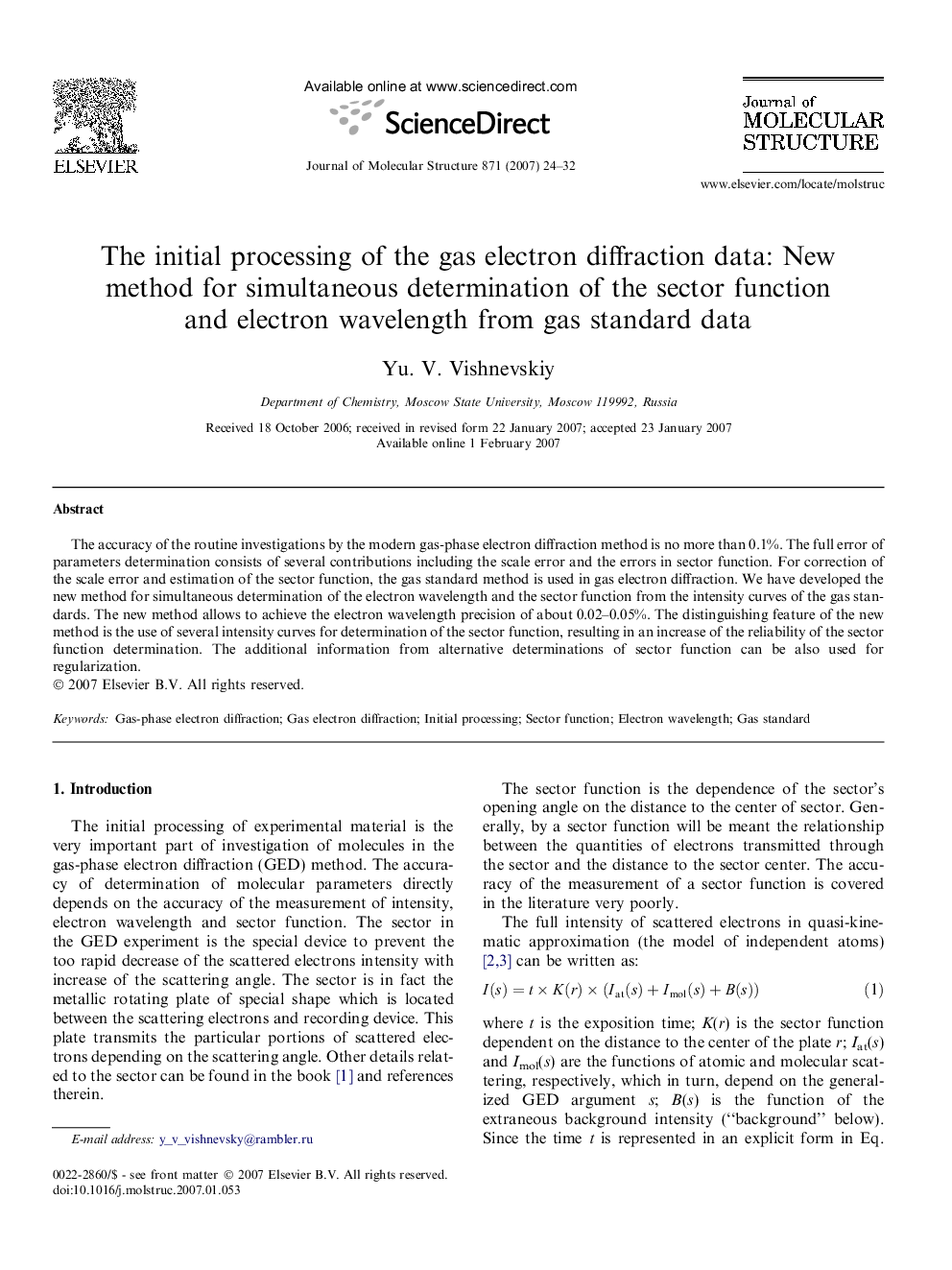 The initial processing of the gas electron diffraction data: New method for simultaneous determination of the sector function and electron wavelength from gas standard data