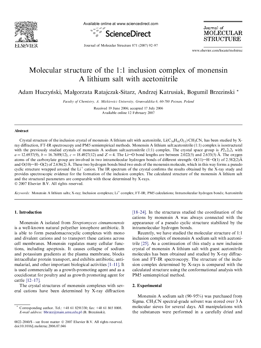 Molecular structure of the 1:1 inclusion complex of monensin A lithium salt with acetonitrile